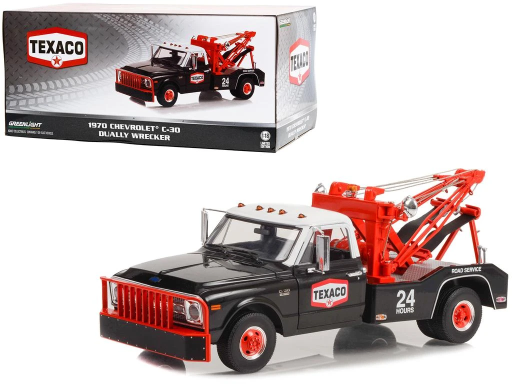 Greenlight 1970 Chevrolet C-30 Dually Wrecker Tow Truck "Texaco 24 Hour Road Service" Black with White Top 1/18 Diecast Model Car by 1