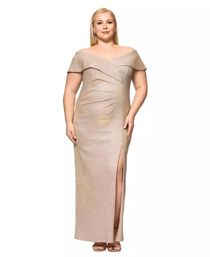 XSCAPE Plus Size Off-The-Shoulder Glitter Gown 1