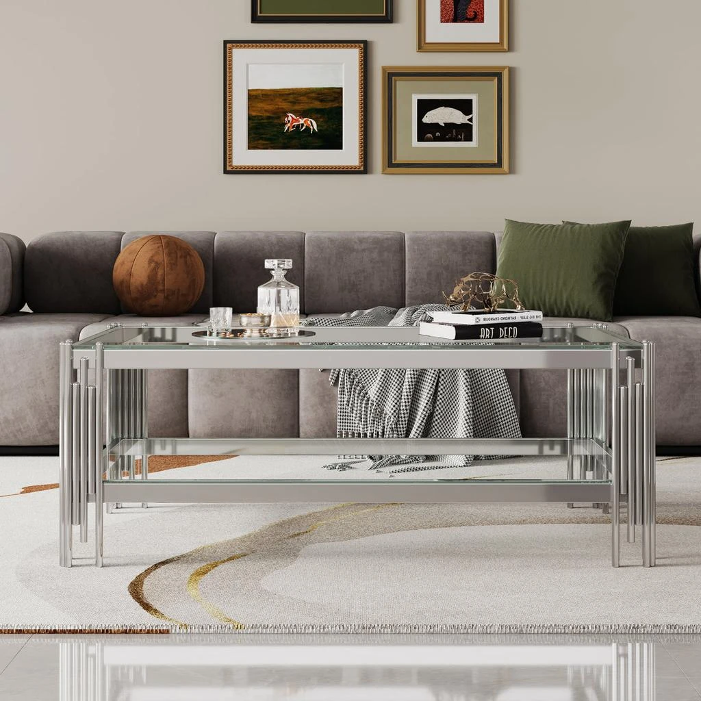 Streamdale Furniture Streamdale Double Layer Tempered Glass Coffee Table with Mirror Stainless Steel Frame 5