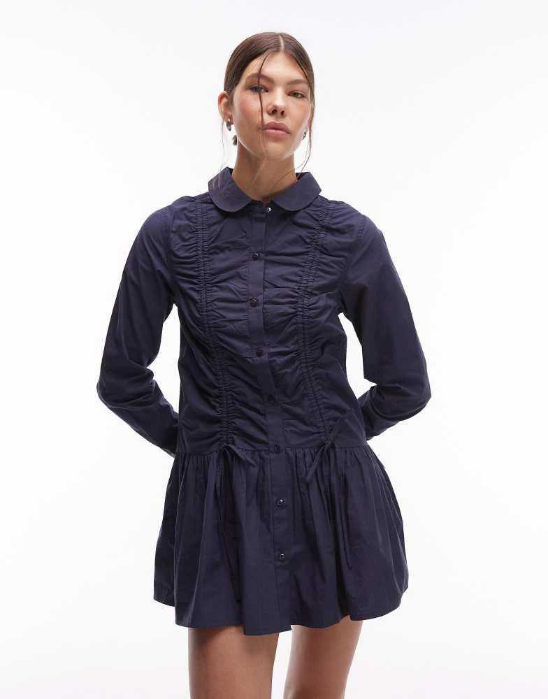 COLLUSION COLLUSION long sleeve ruched mini shirt dress in navy 2