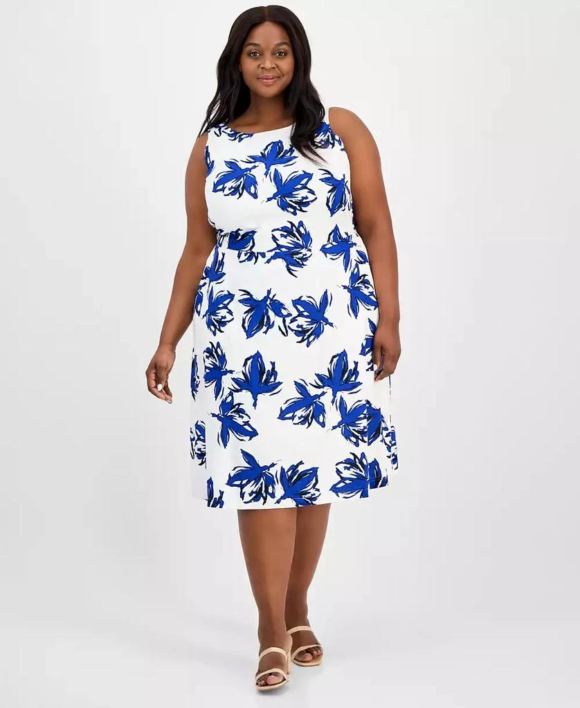 Anne Klein Plus Size Floral-Print Linen-Blend Fit & Flare Dress 1