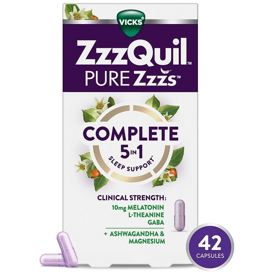 Vicks ZzzQuil PURE Zzzs Complete Sleep, Melatonin, L-Theanine, GABA, with Ashwagandha, and Magnesium Large