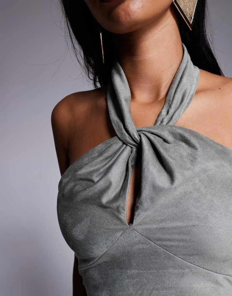 ASOS ASOS DESIGN faux suede knot detail halter maxi dress in grey 4