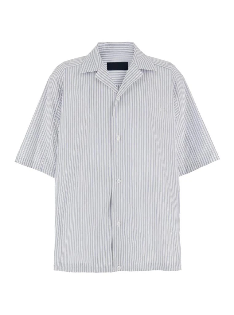 Juun.J Blue Bowling Shirt With Cuban Collar And All-Over Striped Motif In Cotton Blend Man 1