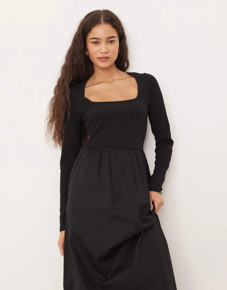 Threadbare long sleeve square neck midi dress with poplin skirt in black   On Sale Now with Up to 60% Off | Discover Exclusive Deals & Savings at  BeyondStyle  Authentic Threadbare