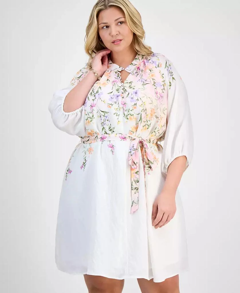 Sandra Darren Plus Size Placed-Floral Tie-Waist Shift Dress 4