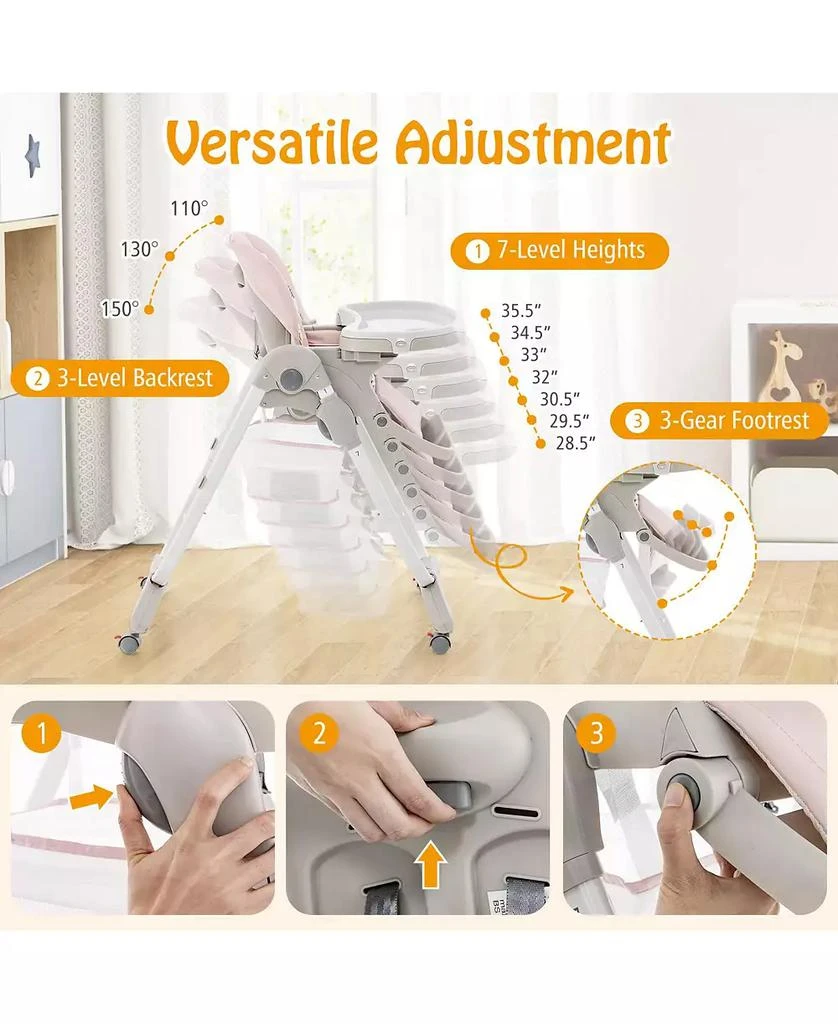 GOUUN Kids Multifunctional Folding High Chair with Rolling Wheels and Adjustable Height 5