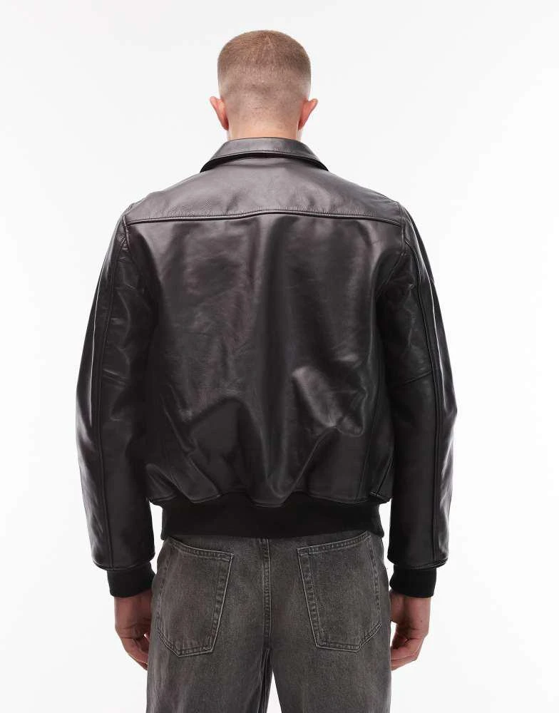 Schott Schott premium  real leather collar detail bomber jacket in black 3