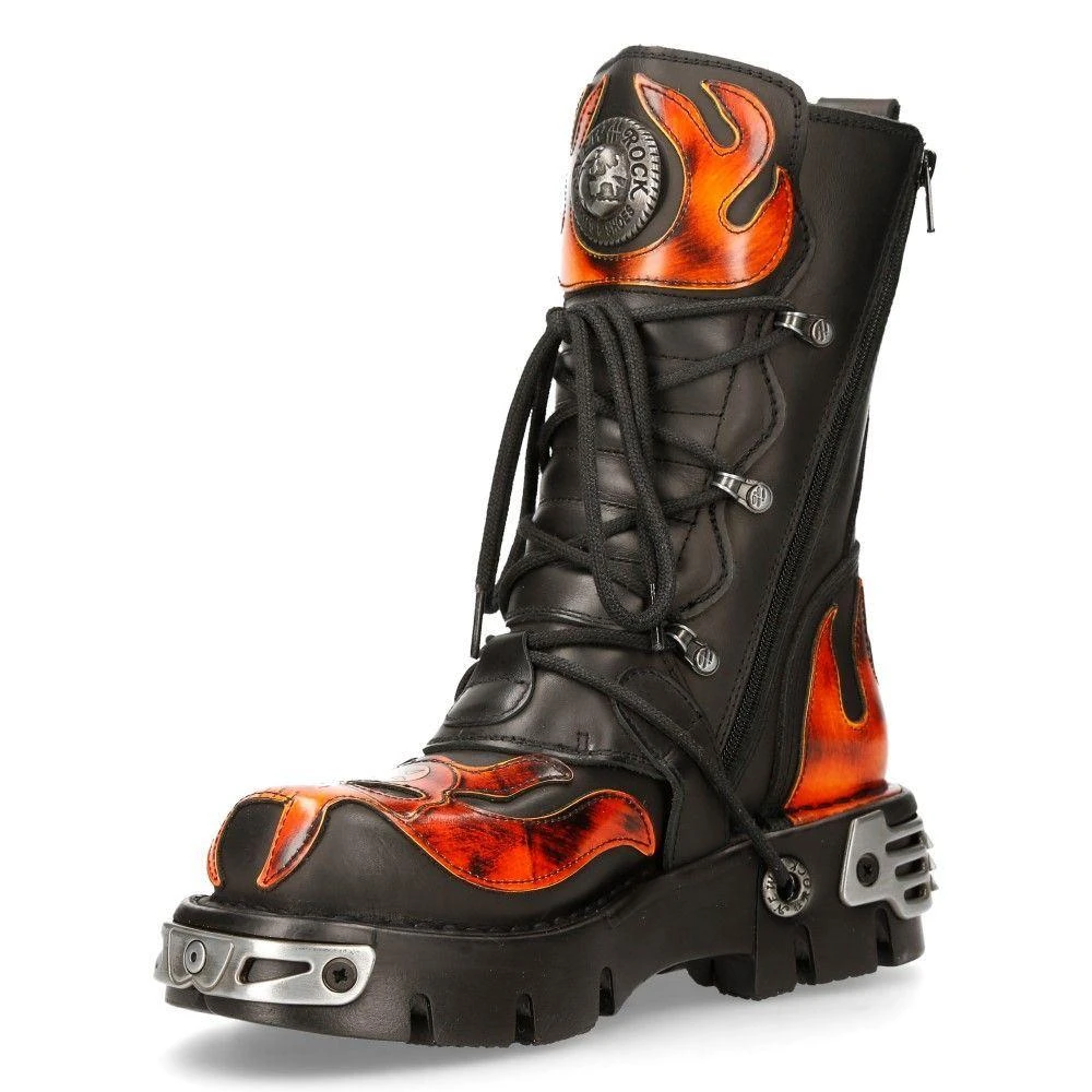 NewRock Flame Accented Black/Red Leather Biker Skull Boots- 107-S1 5