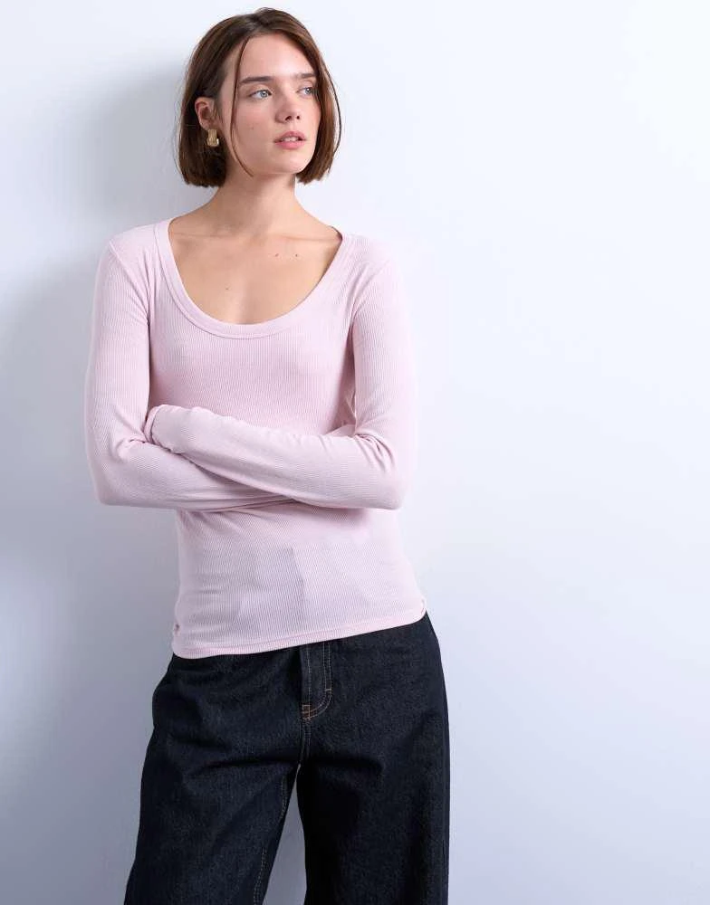 Topshop Topshop premium rib long sleeve wide scoop neck top in light pink