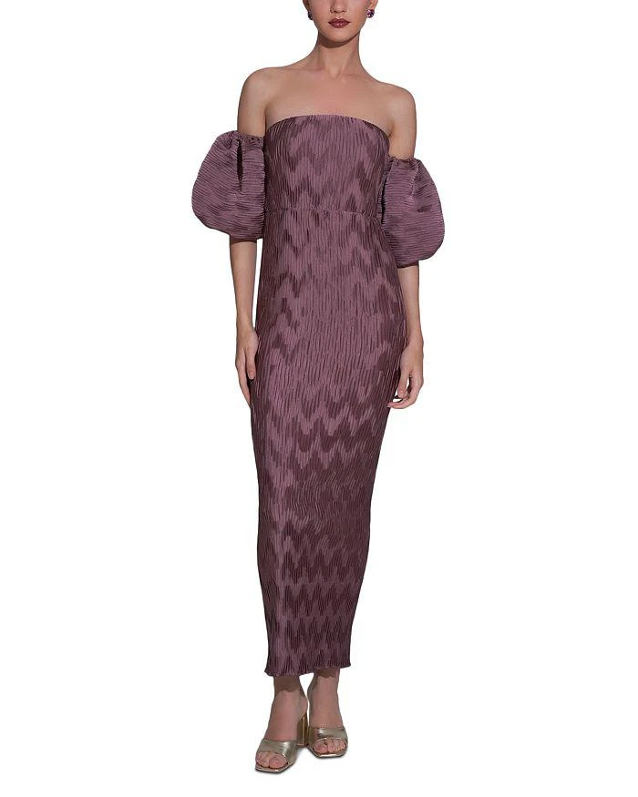 L'IDEE Off-the-Shoulder Puff Sleeve Pleated Gown 1