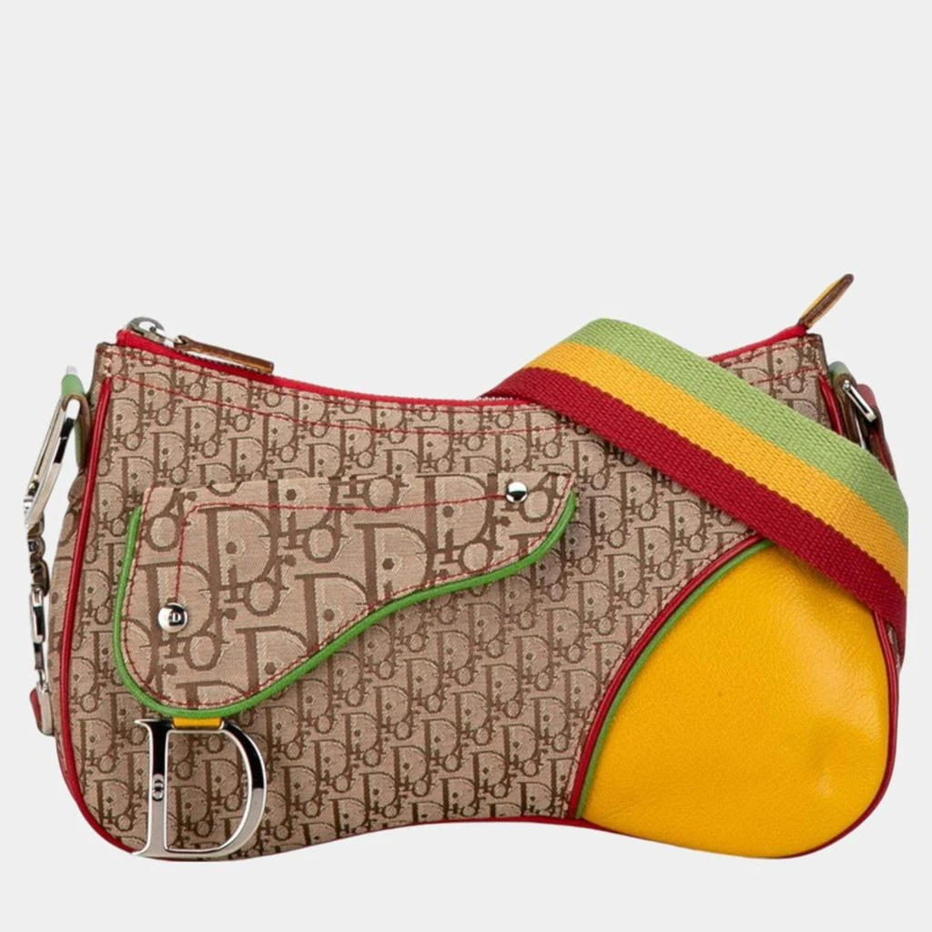 Dior Christian Dior Beige Yellow Canvas Leather Dior Trotter Saddle Rasta Shoulder Bag 1