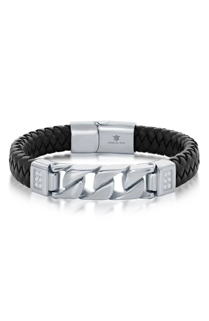 BLACKJACK Men's Braided Leather & Stainless Steel CZ Bracelet 1