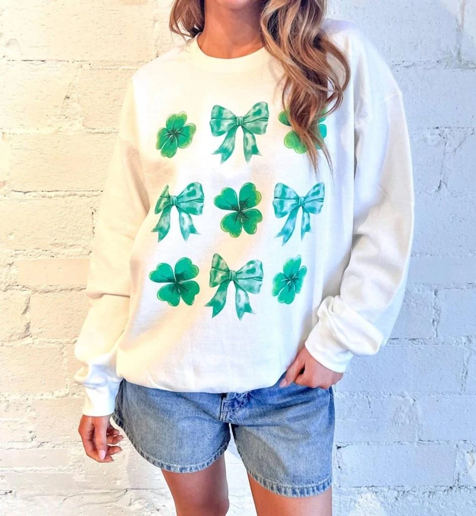 SWEET CLAIRE Clover & Bows Graphic Sweatshirt In White 1