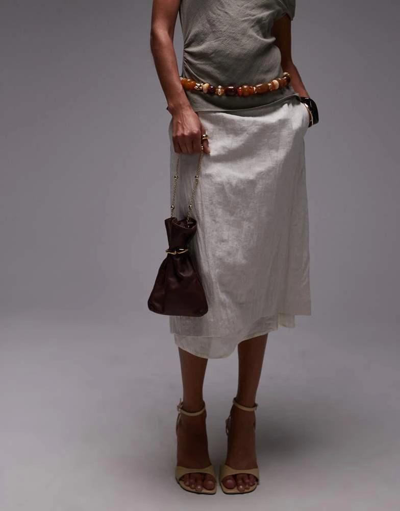 Mango Mango featuring Kaia Gerber real leather pouch bag with beaded handle in dark brown 4