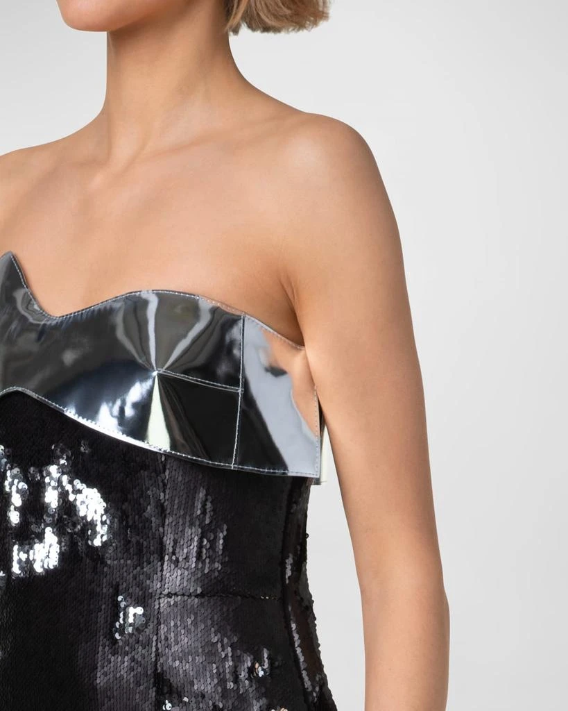 Akris Leather-Wave Strapless Bicolor Sequined Slit Gown 5