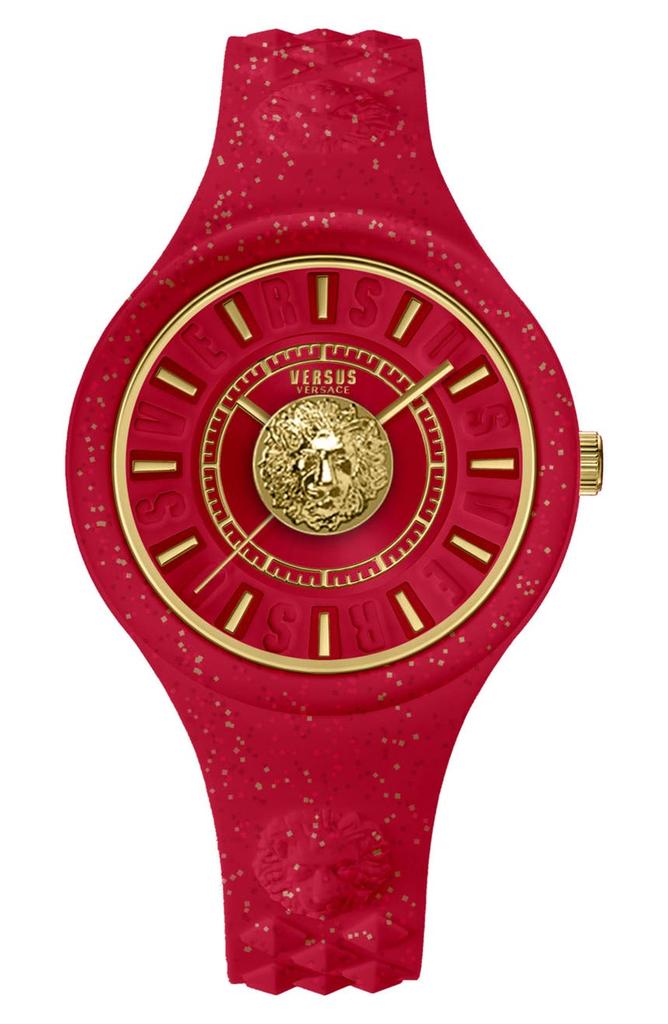 Versace Versace Women's Fire Island Lion Glitter Red Dial Lion Head Stainless Steel Case Silicone Strap Watch, 39mm