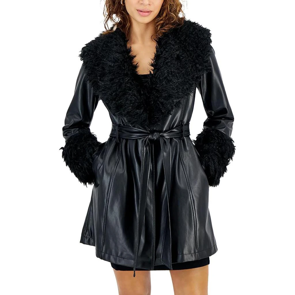 GUESS Aurora Womens Faux Leather Contrast Trim Wrap Coat 3