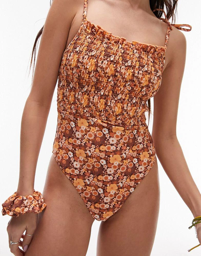 Topshop Topshop tie-shoulder shirred swimsuit in brown ditsy floral with matching scrunchie 1