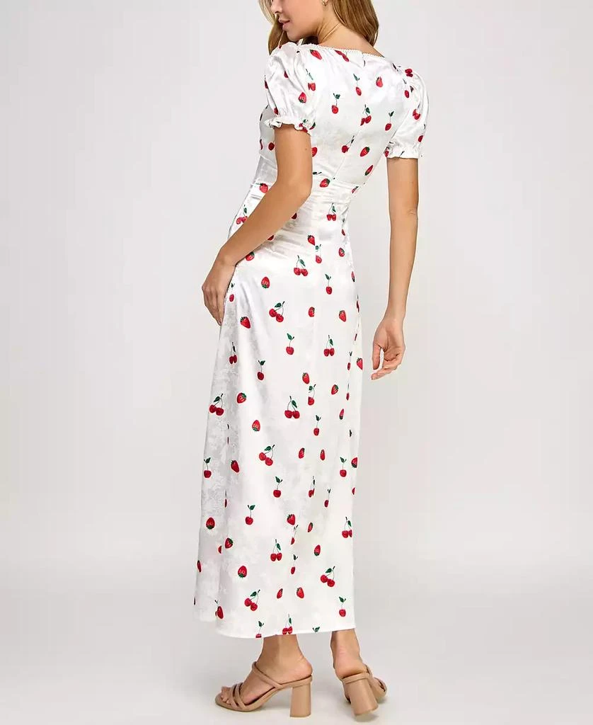 Crystal Doll Juniors' Printed Satin Puff-Sleeve Midi Dress 4