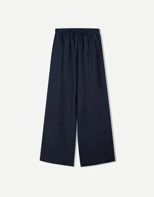 Bershka Bershka Linen blend trousers with an elasticated waistband in navy 3