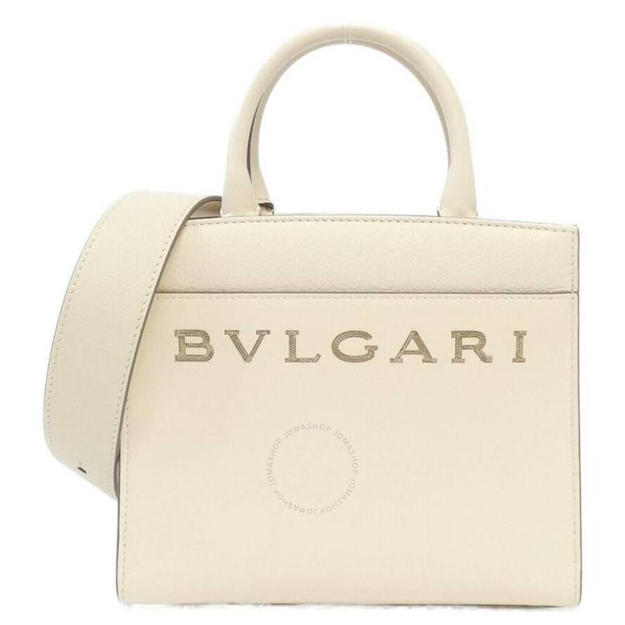 BVLGARI White Leather Logo Tote Bag