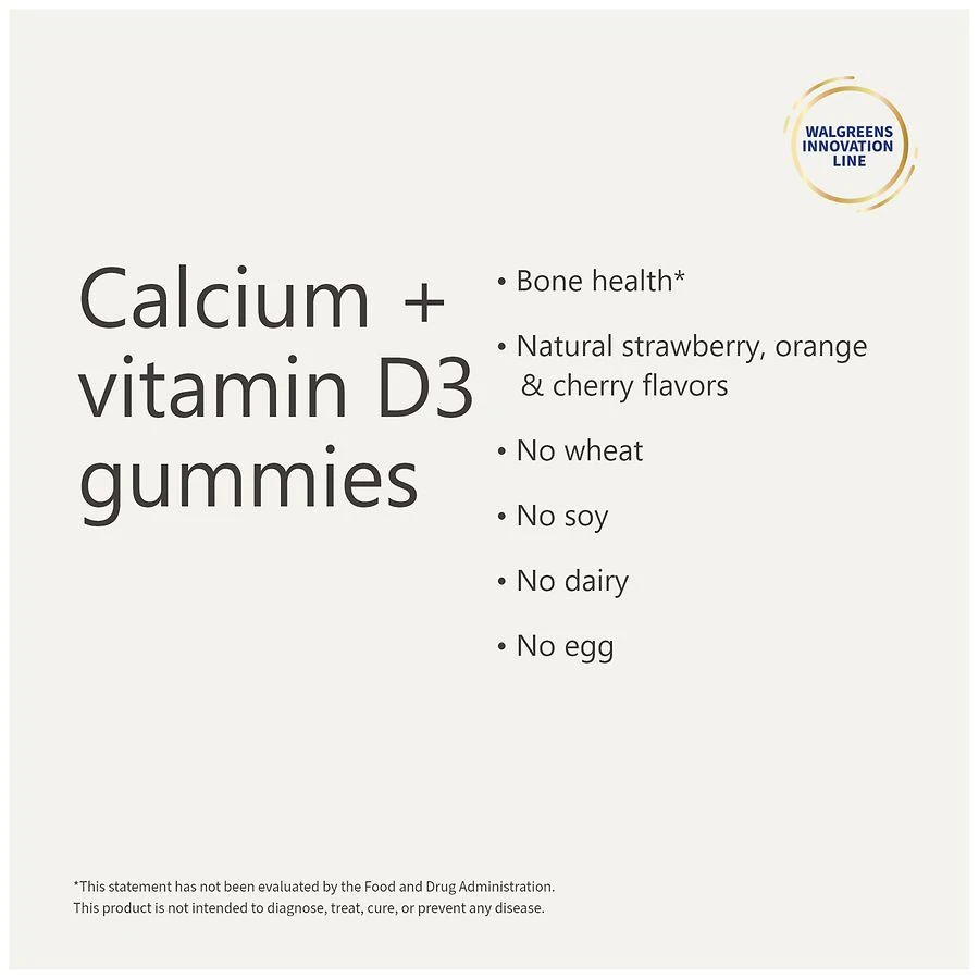 Walgreens Free & Pure Calcium + Vitamin D3 Gummies Natural Strawberry, Orange & Cherry 6