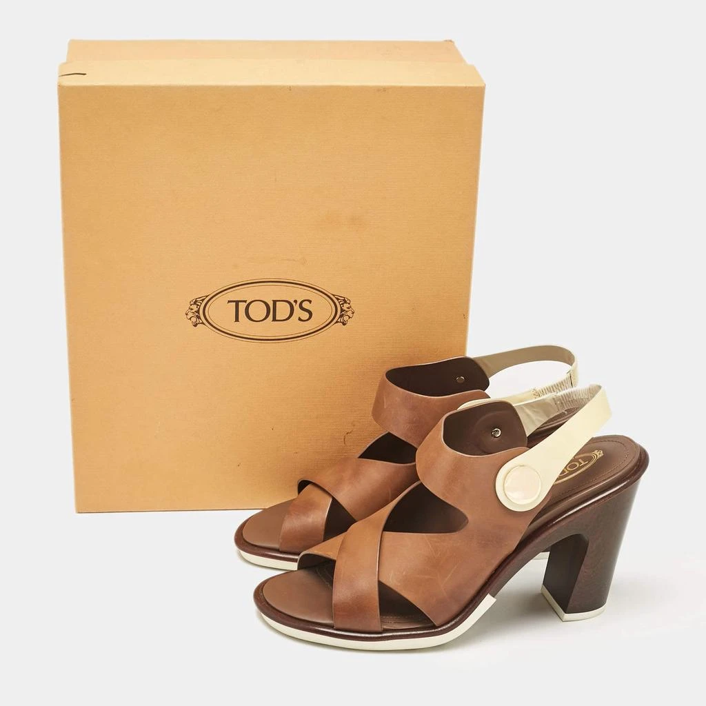 Tod's Tod's Brown/White Leather Block Heel Slingback Sandals Size 40 9