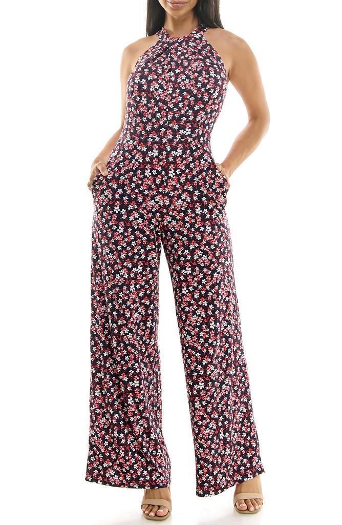 Nina Leonard Twisted Halter Neck Jumpsuit
