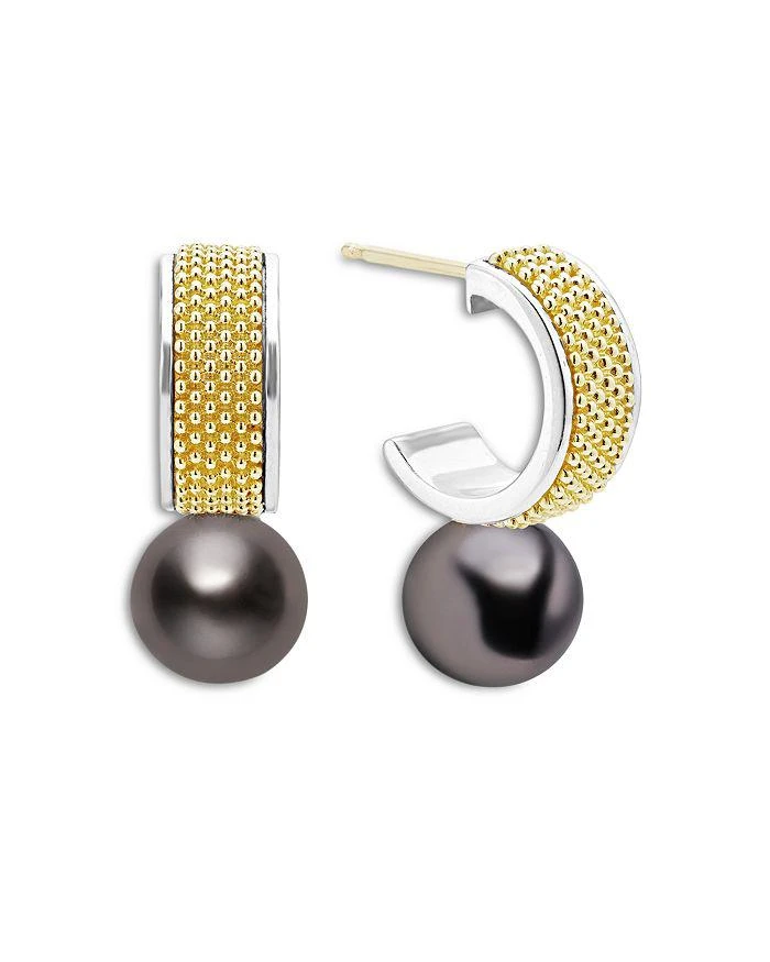LAGOS 18K Yellow Gold 
Sterling Silver Luna Black Tahitian Pearl Half Hoop Earrings 3