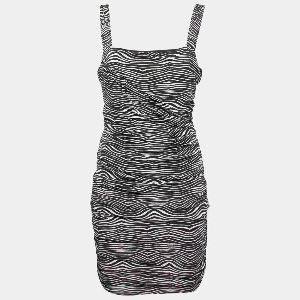 PIERRE BALMAIN Pierre Balmain Black and White Stretch Zebra Print Draped Jersey Mini Dress L