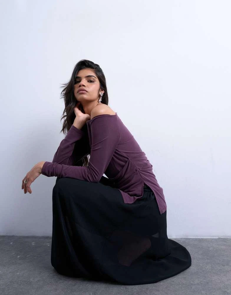 Topshop Topshop cupro off shoulder ruched long sleeve top in plum