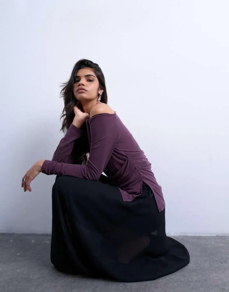 Topshop Topshop cupro off shoulder ruched long sleeve top in plum