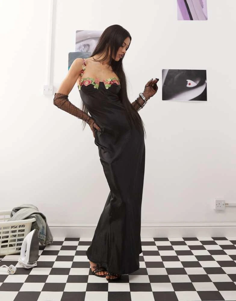 Princess Polly Princess Polly floral embroidered cami satin maxi slip dress in black 2