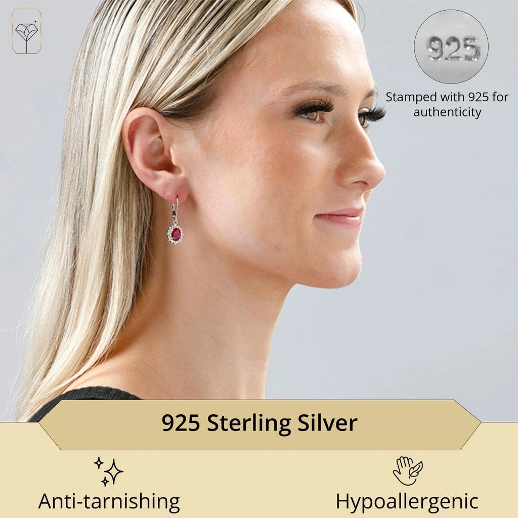 MaxColor Sterling Silver Halo Sunburst Oval Gemstone Leverback Earrings with White Topaz Accent 2