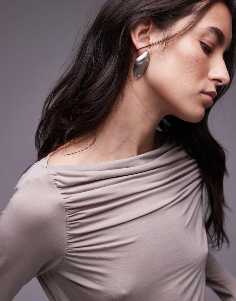 & Other Stories & Other Stories ruche boat neck top with long sleeves in beige