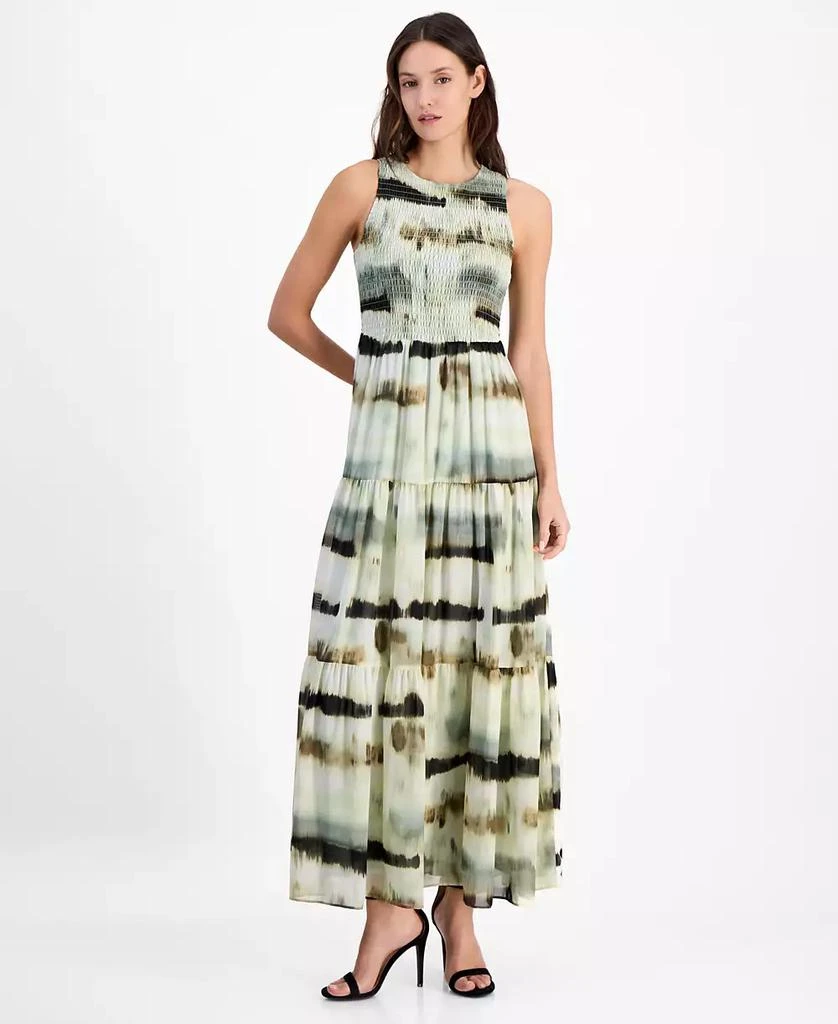 Anne Klein Petite Smocked-Bodice Tiered Sleeveless Maxi Dress 1