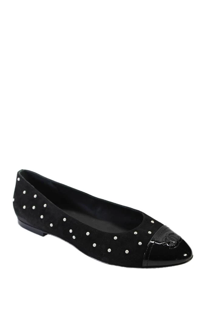 Chanel Womens Black Suede Pearls Patent CC Cap Toe Ballerina Flats Shoes 1
