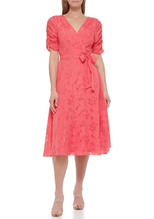 DKNY Womens Short Sleeve V Neck Tie Waist Solid Chiffon Fit And Flare Dress 1