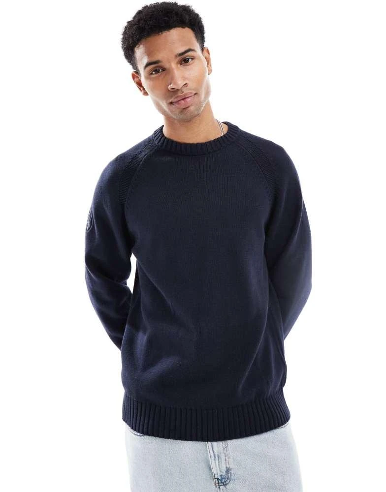 Pretty Green Pretty Green crew neck knit jumper with sleeve patch in navy 1