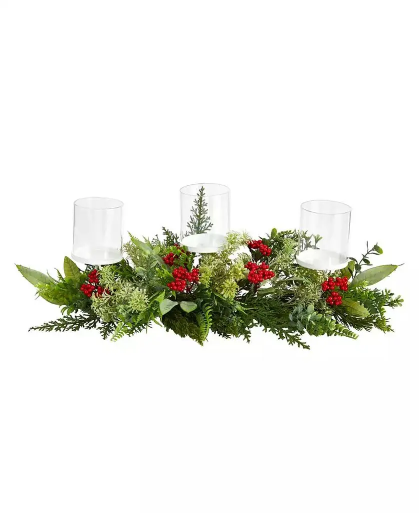 NEARLY NATURAL Holiday Winter Greenery and Berries Triple Candle Holder Artificial Christmas Table Arrangement, 20"