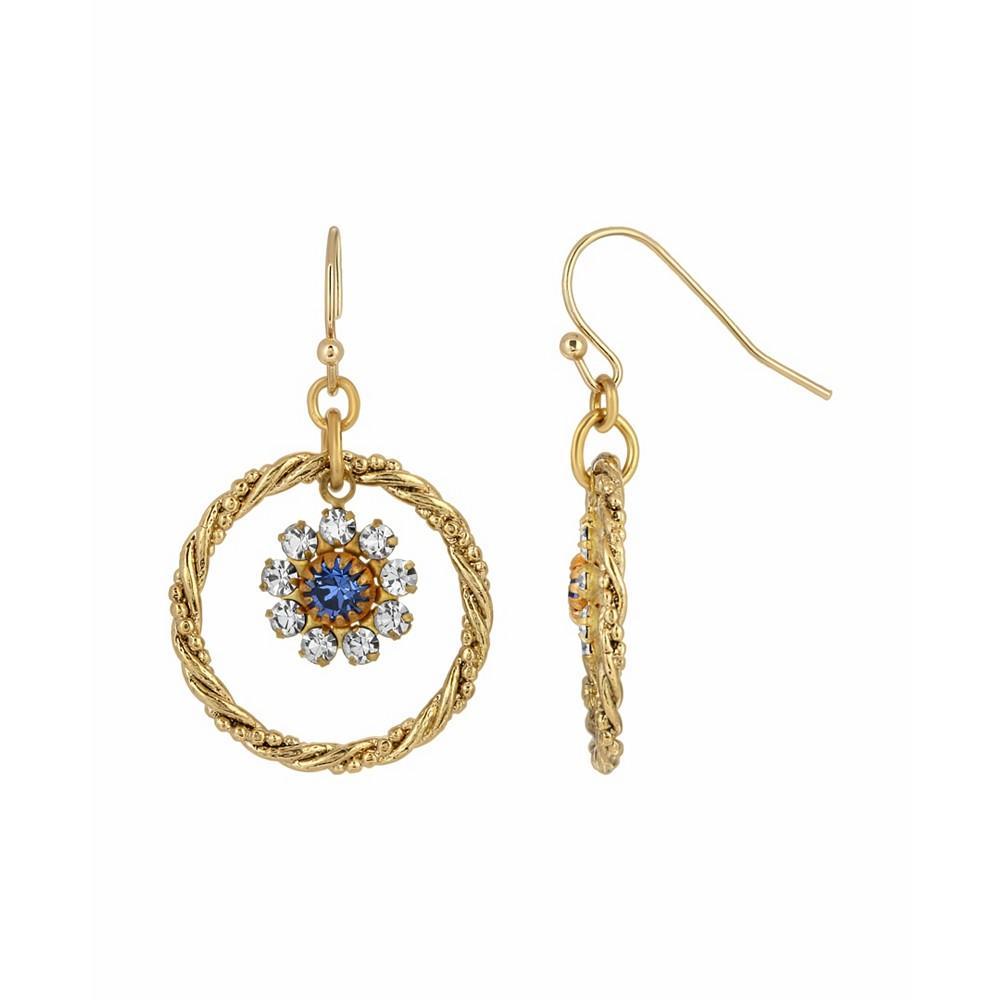 2028 Women's Gold-tone Blue Crystal Flower Drop Hoop Earrings