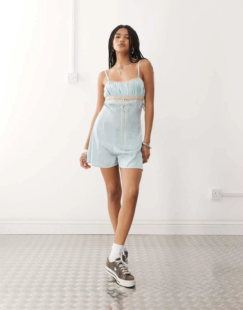 Reclaimed Vintage Reclaimed Vintage festival satin playsuit in mint green with lace trims 1