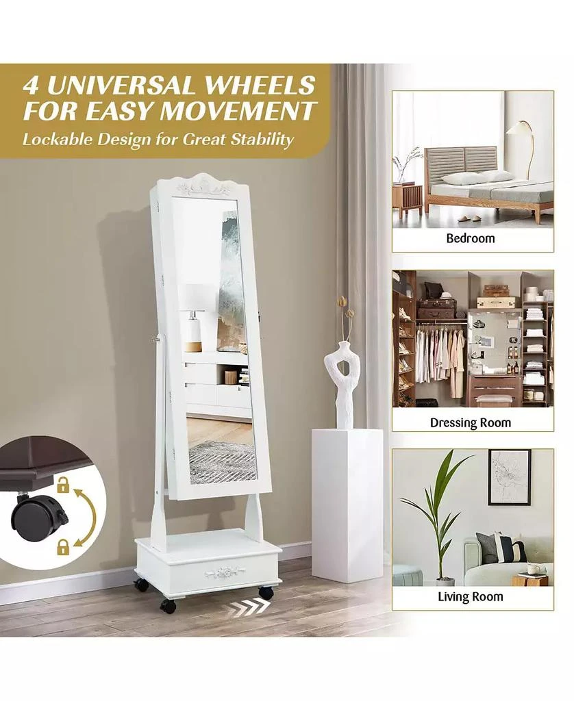 GOUUN Rolling Floor Standing Mirrored Jewelry Armoire with Lock and Drawers 8