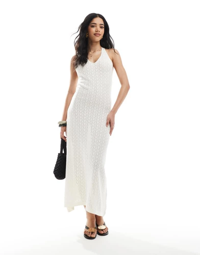 ASOS Design knit halter maxi dress with gold shell in ecru-White