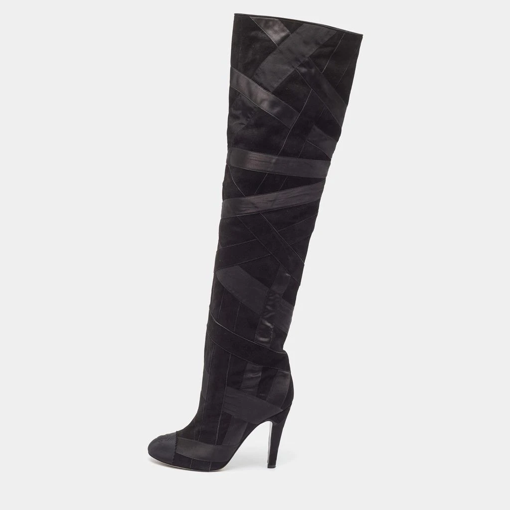 Chanel Chanel Black Suede and Grosgrain CC Cap Toe Knee Length Boots Size 39 1