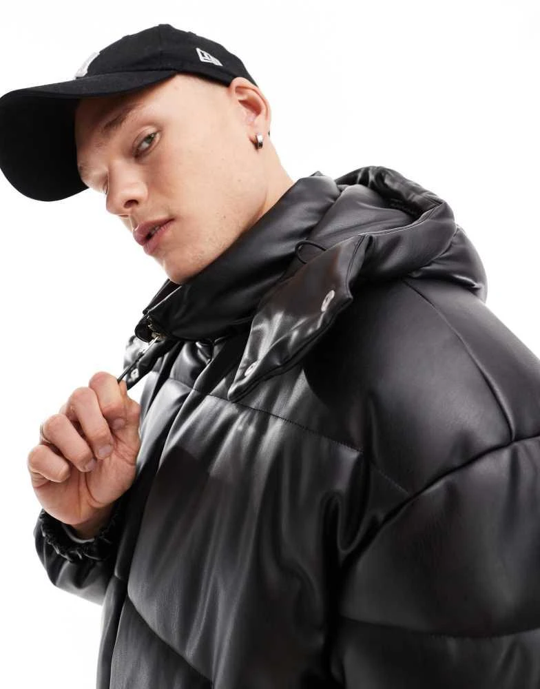Bershka Bershka detachable hooded faux leather puffer in black 3