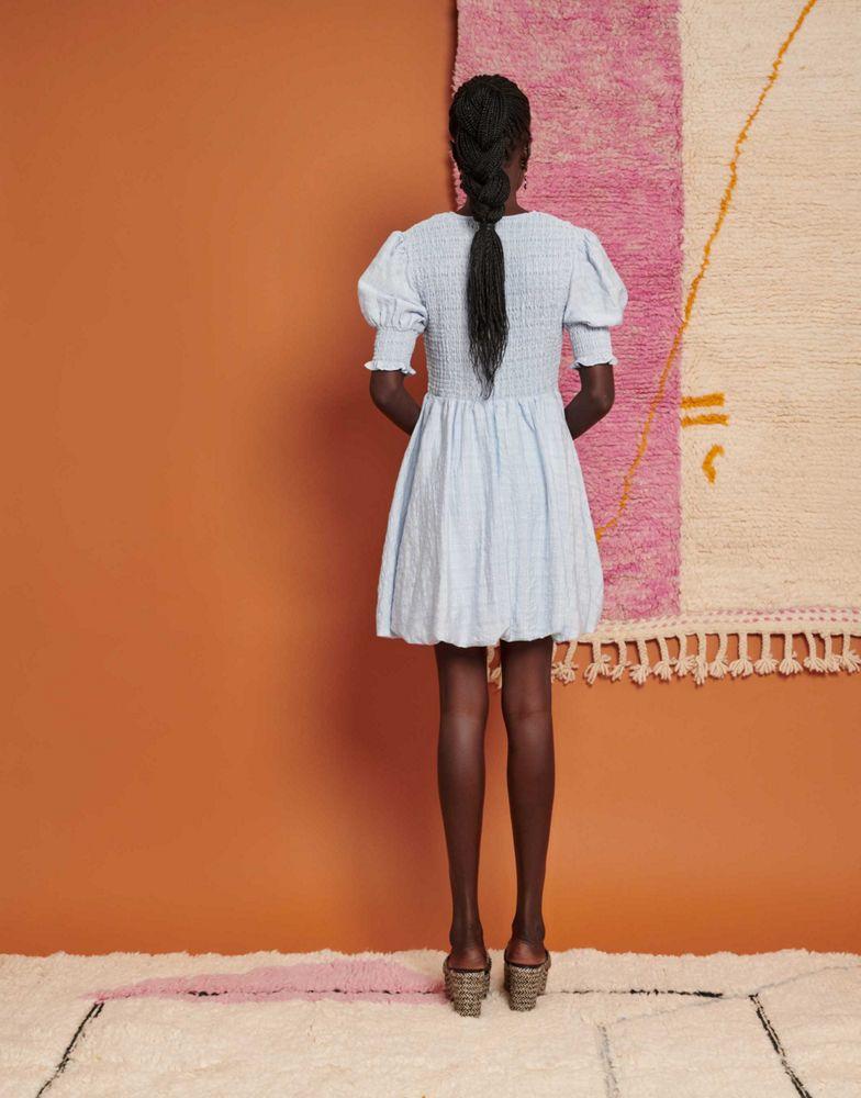 Ghospell shirred bubble mini dress in light blue – On Sale