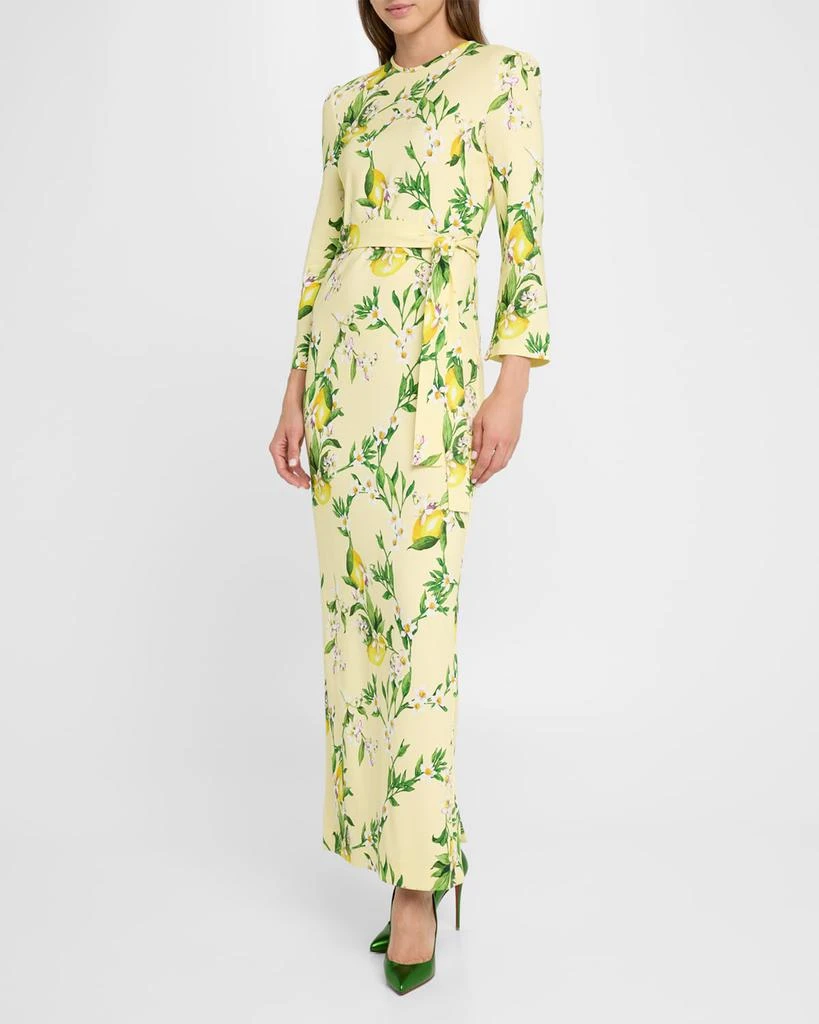 Monique Lhuillier Lemon-Print Bracelet-Sleeve Sheath Maxi Dress 2