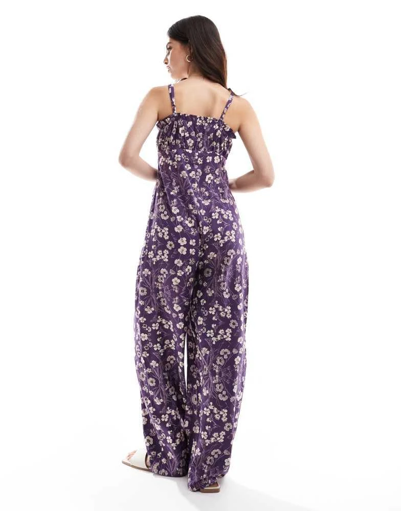ASOS ASOS DESIGN frill bust ruched waist strappy spun jumpsuit in purple and white floral 3